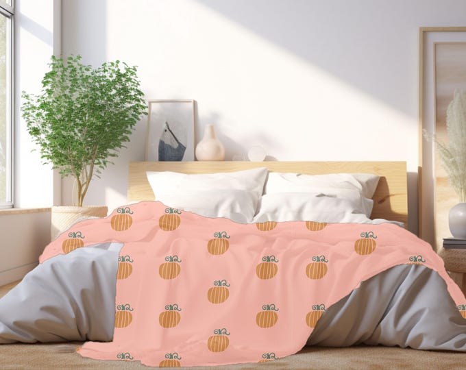 Pink Fall Pumpkin Blanket - Soft Pink Fall Throw with Cute Autumn Pumpkins - Girly Halloween - Couch Blanket - Autumn Throw Blanket