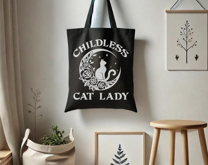 Celestial Childless Cat Lady Tote Bag - Bold Feminist Bag - Celestial Cat with Floral Elements - Project Bag - Farmer's Market Bag