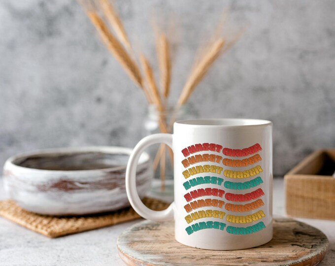 Sunset Chaser Retro Mug - Colorful Vintage Coffee Mug - Boho Sunrise Cup - Fun Mug for Coffee Lovers - Ceramic Coffee Mug - 001