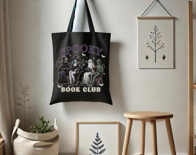 Spooky Book Club Tote Bag - Spooky Cute Halloween - Fall Vibes - Spooky Season - Witch, Skeleton, Ghost - Spooky Book Club Aesthetic - 001