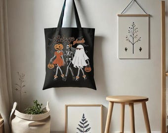Lets Go Ghouls Halloween Tote Bag - Cute Skeleton Ghost Pumpkin Tote - Fall Vibes - Spooky Season - Halloween Vibes - Spooky Aesthetic - 001