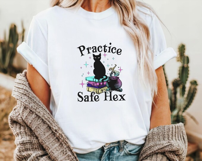 Practice Safe Hex - Cute Witchy Halloween T-Shirt - Fall Tee - Spooky Season Tee - Witchy Tee - Fall Vibes - Halloween Cat - Fall Apparel