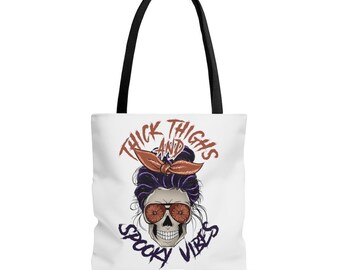 Thick thighs, spooky vibes tote bag - cute skeleton tote - fall vibes - Halloween skeleton - spooky season - fall tote - spooky aesthetic