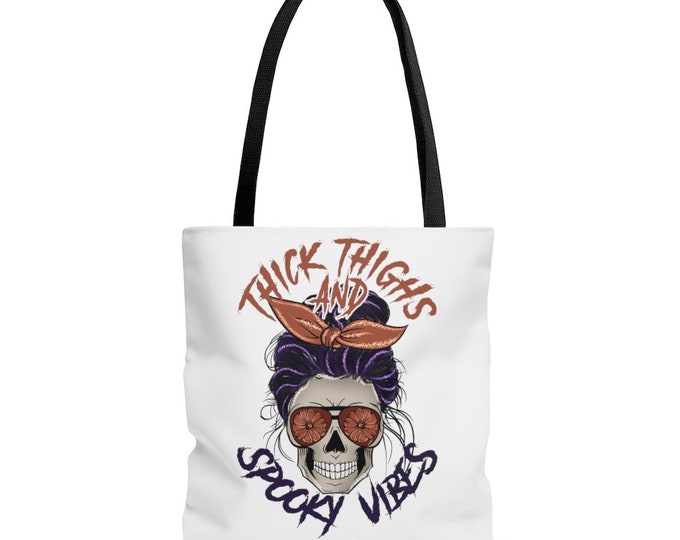 Thick thighs, spooky vibes tote bag - cute skeleton tote - fall vibes - Halloween skeleton - spooky season - fall tote - spooky aesthetic