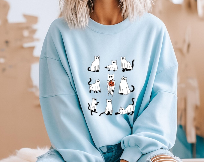 Ghost Cat Halloween Crewneck - Spooky Ghost Cats with Pumpkin - Fall Fashion Crew - Cat Lover Crew - Cute Ghost Cats 003