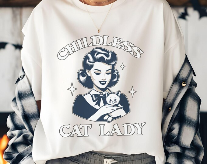 Retro Childless Cat Lady T-Shirt - Retro Feminist Tee - Cute Retro Cat Design - Shirts That Go Hard
