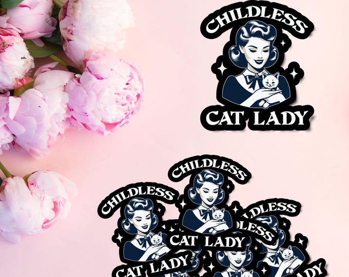 Childless Cat Lady Sticker - Retro Vintage Cat Lady Design – Perfect for Cat Lovers, Laptops, Water Bottles, or Fun Gift Ideas