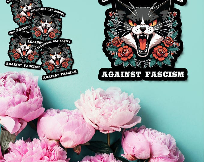 Childless Cat Ladies Against Fascism Sticker – Fierce Cat Design with Floral Elements – Perfect for Laptops, Water Bottles, and Cat Lovers