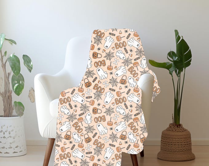 Cutesy Ghost Pumpkin Blanket - Cozy Halloween Throw Blanket - Spooky Boo Ghost Blanket - Soft Plush Fall Blanket - Halloween Blanket