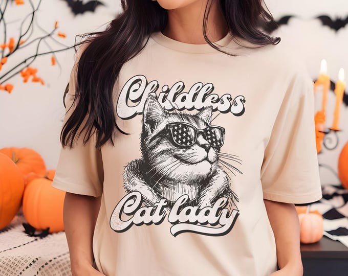 Cool Cat Childless Cat Lady T-Shirt - Bold Feminist Tee - Cool Cat Fierce Cat Design With Sunglasses - Shirts That Go Hard
