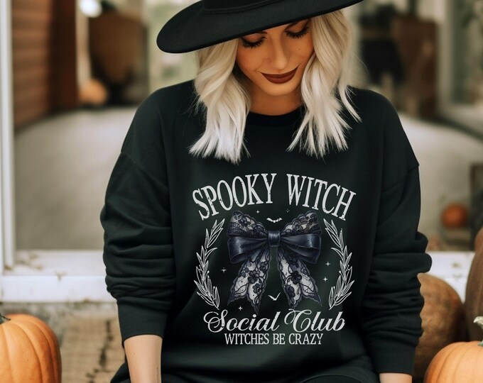 Spooky Witch Social Club Coquette Crewneck - Witches Be Crazy - Witchy Aesthetic - Halloween Crew - Spooky Vibes - Spooky Cute Aesthetic