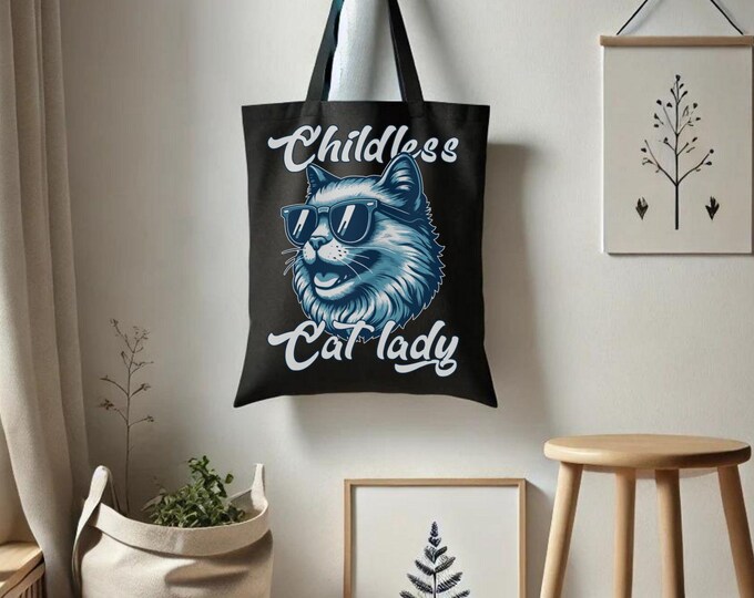 Sunny Childless Cat Lady Tote Bag - Bold Feminist Bag - Bold Cat Design with Sunglasses - Project Bag - Farmer's Market Bag
