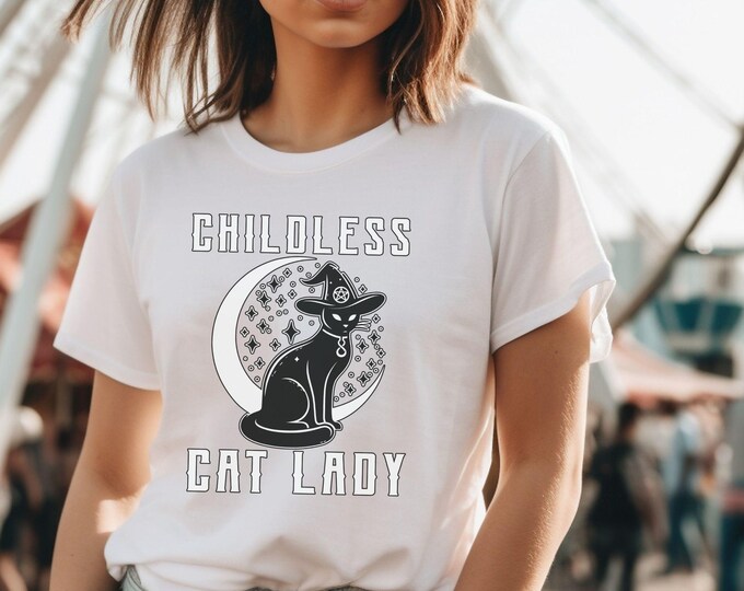 Celestial Childless Cat Lady T-Shirt - Bold Feminist Tee - Celestial Cat Design with Floral Elements - Shirts That Go Hard - 002