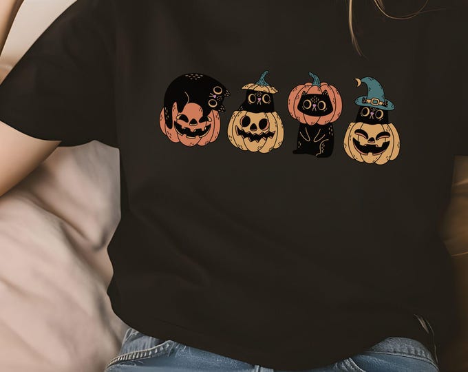 Cute Pumpkins and Black Cats T-Shirt - Fall Vibes - Spooky Season - Halloween Aesthetic - Cute Pumpkin Cat Design - Black Cats