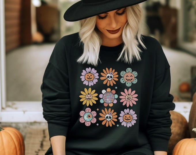 Pastel Halloween Groovy Flowers Crewneck - Cute Fall Floral Crew - Spooky Season - Fall Vibes - Groovy Halloween Aesthetic - Retro Fall Crew