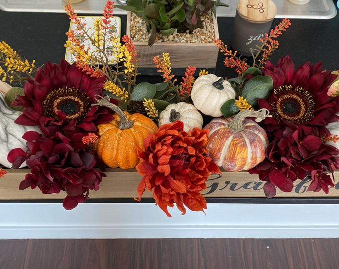 Boho Fall Floral Arrangement | Marigold and Pumpkin Decor | Rustic Thanksgiving Centerpiece | Silk and Real Feal Flowers | Modern Fall Decor