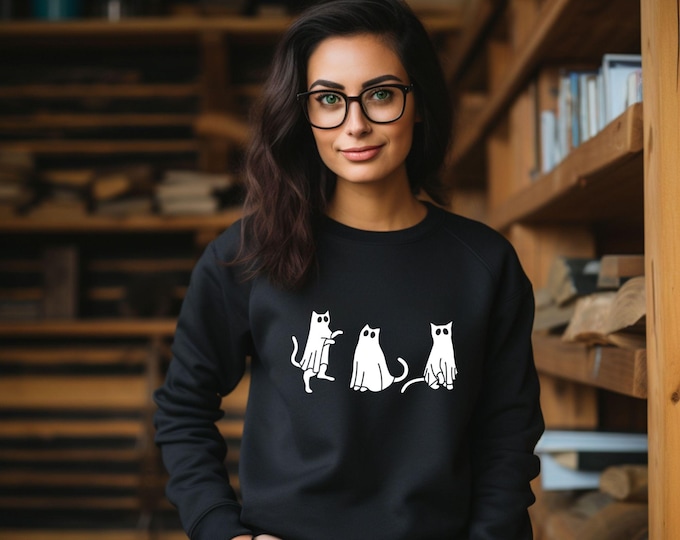 Ghost Cat Halloween Crewneck - Spooky Ghost Cats with Pumpkin - Fall Fashion Crew - Cat Lover Crew - Cute Ghost Cats 002