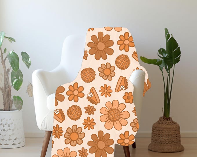 Fall Floral and Pie Blanket - Cozy Autumn Throw - Throw Blanket Couch - Retro Fall Blanket - Halloween Blanket