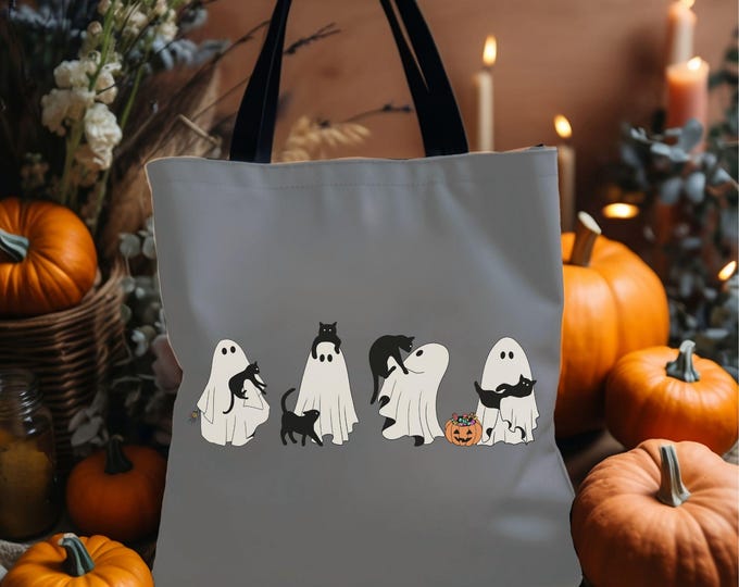 Cute Halloween Ghost Cat Mom Tote Bag - Ghost Cats Bag - Spooky Season - Cozy Halloween Vibes - Black Cats Halloween - Reusable Tote - 002