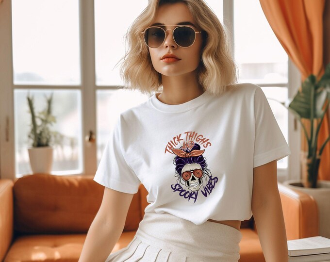 Thick thighs, spooky vibes unisex tee - cute skeleton tee - fall vibes - Halloween skeleton - spooky season - fall apparel - spooky tee