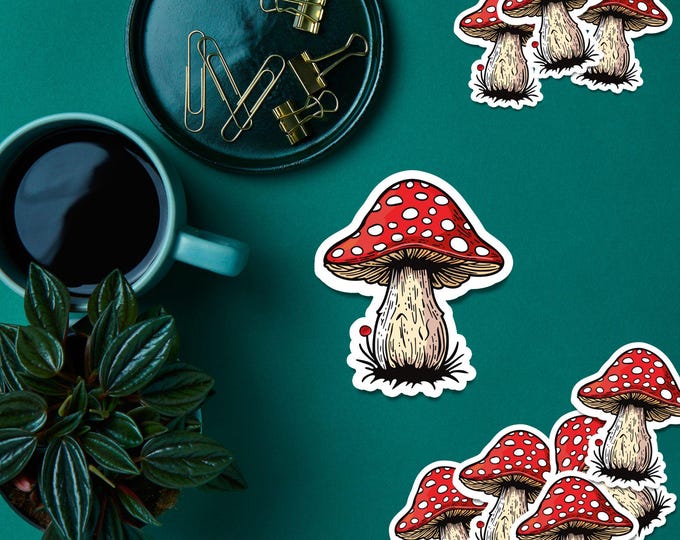 Whimsical Red Mushroom Sticker – Cottagecore Aesthetic, Cute Toadstool Design – Perfect for Laptops, Water Bottles, and Mushroom Lovers