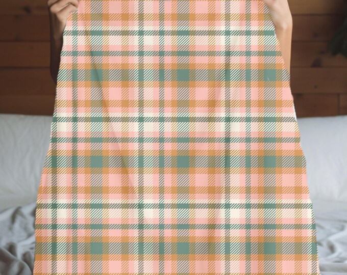 Pastel Plaid Cozy Fall Blanket - Soft Pink, Orange & Green Plaid Throw - Fall Throw Blanket - Cottagecore Blanket - Boho Throw Blanket