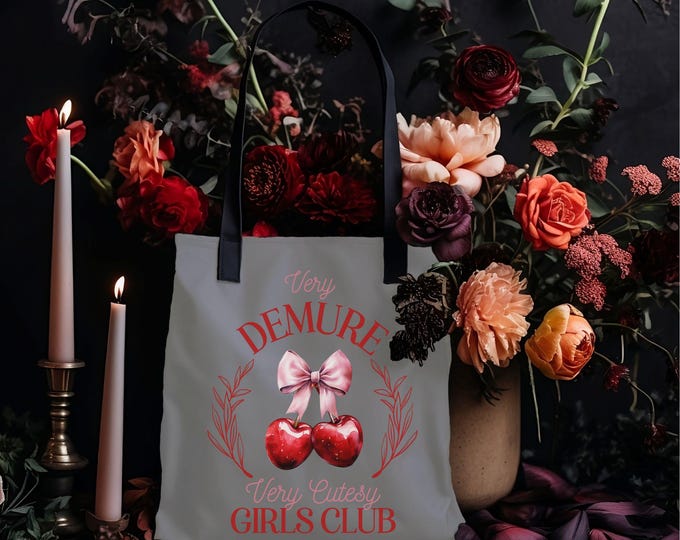 Very Demure Girls Club Coquette Tote Bag - Cutesy Tote - Cozy Aesthetic - Vintage Vibes - Reusable Bag - Cute Coquette Tote - 002