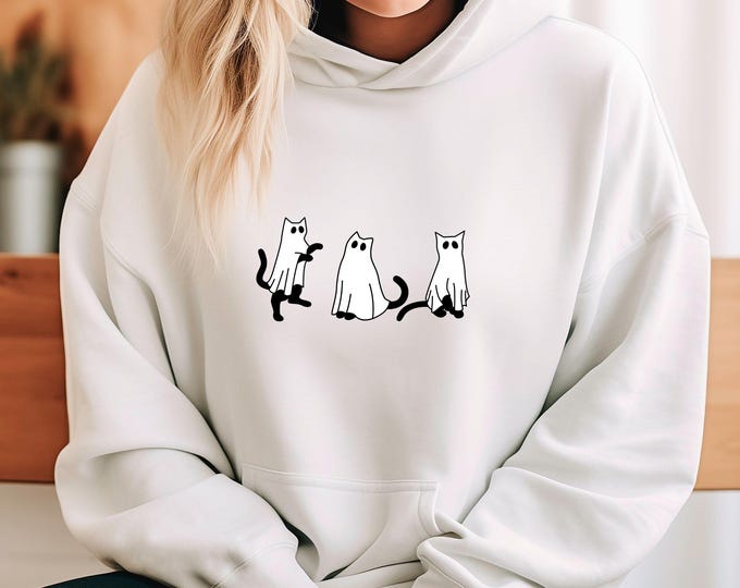 Ghost Cat Halloween Hoodie - Spooky Ghost Cats with Pumpkin - Fall Hoodie - Halloween Hoodie - Cat Lover Hoodie - Cute Ghost Cats 002