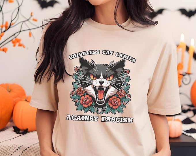 Childless Cat Ladies Against Fascism T-Shirt - Bold Feminist Tee - Fierce Cat Design with Floral Elements - Shirts That Go Hard