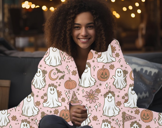 Spooky Cute Preppy Ghost Halloween Blanket - Cozy Pastel Throw - Fall Blanket - Boho Throw Blanket - Sofa Blanket - Cutesy Halloween