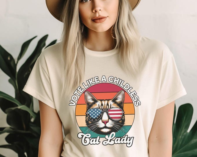 Vote Like A Childless Cat Lady T-Shirt - Bold Feminist Tee - Fierce Cat Design with Aviator Sunglasses - Shirts That Go Hard