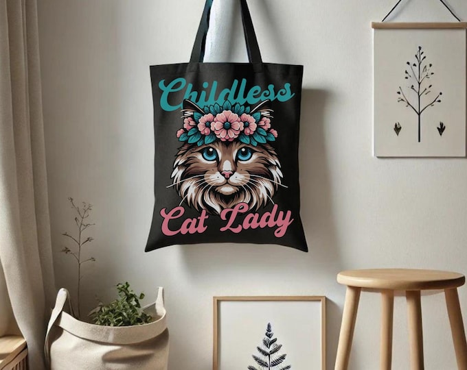 Ragdoll Flower Crown Childless Cat Lady Tote Bag - Bold Feminist Bag - Ragdoll Cat with Floral Elements - Project Bag - Farmer's Market Bag