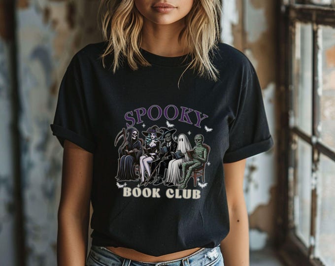 Spooky Book Club T-Shirt - Spooky Cute Halloween Tee - Fall Vibes - Spooky Season - Witch, Skeleton, Ghost - Spooky Book Club Aesthetic