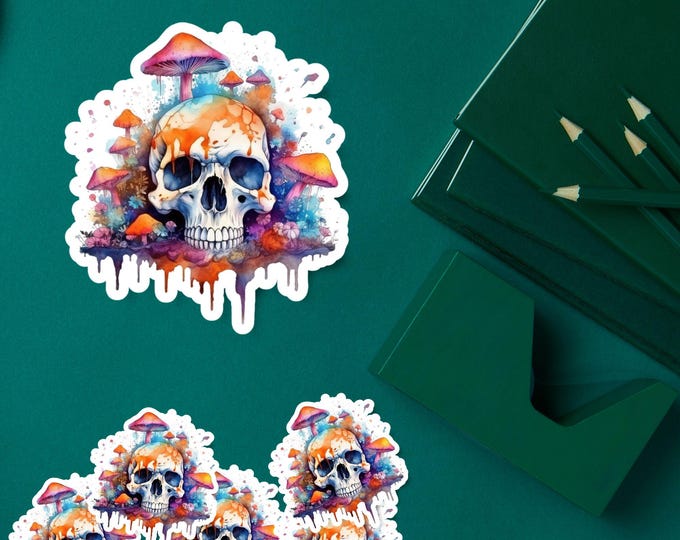 Skull and Mushroom Sticker – Vibrant Psychedelic Skull with Fungi Design – Perfect for Halloween and Spooky Vibes - 001