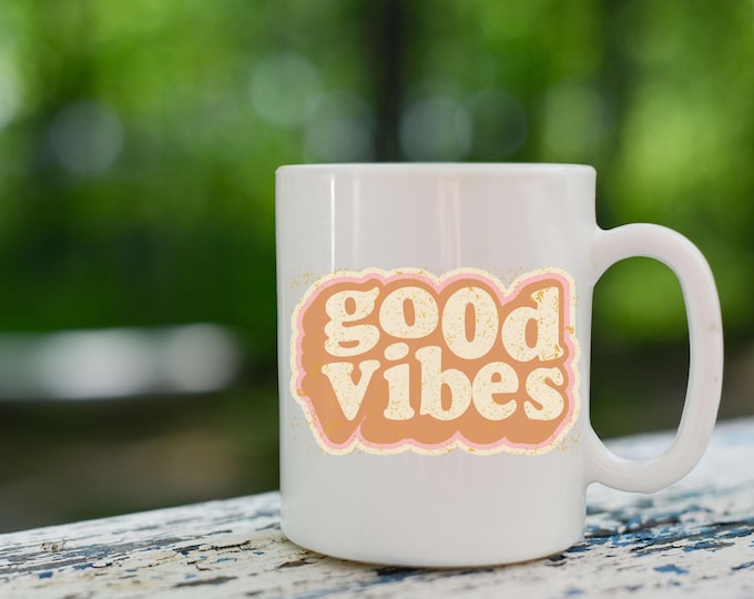 Good Vibes Retro Coffee Mug - Vintage-Inspired - Positive Energy Cup - Ceramic Boho Colorful Coffee or Tea Cup