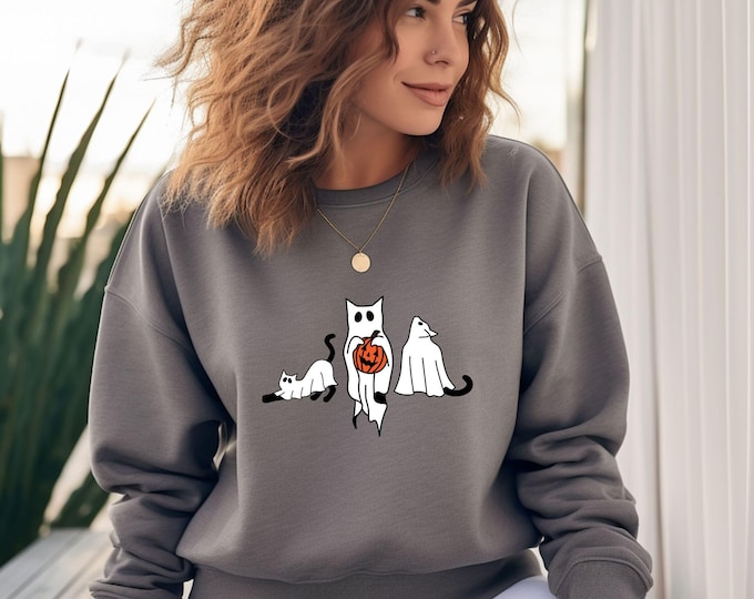 Ghost Cat Halloween Crewneck - Spooky Ghost Cats with Pumpkin - Fall Fashion Crew - Cat Lover Crew - Cute Ghost Cats 001