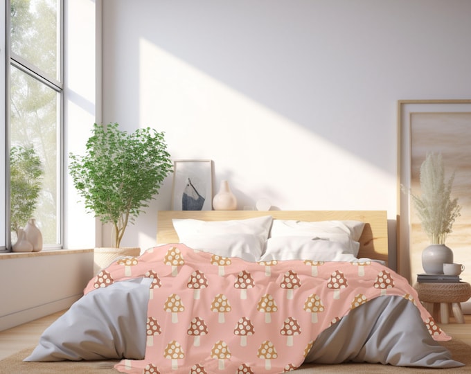 Boho Pink with Mushroom Cottagecore Throw Blanket - Cottagecore Blanket - Fall Throw Blanket - Throw Blanket Couch