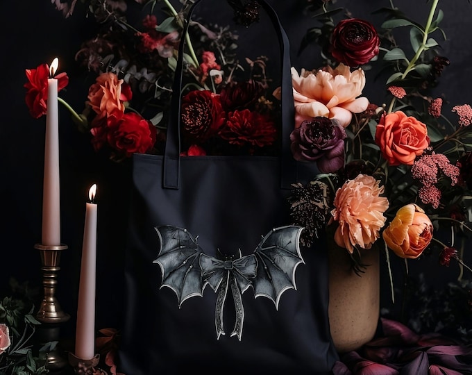 Gothic Coquette Bat Tote Bag - Elegant Spooky Season Bag - Fall Tote Bag - Halloween Aesthetic - Cozy Gothic Tote - Reusable Bag - 001