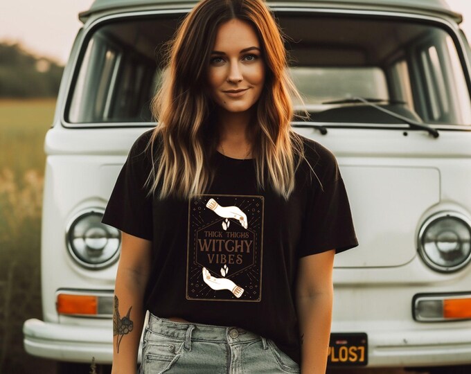 Thick Thighs, Witchy Vibes - Cozy Boho T-Shirt - Aesthetic Tarot - Tarot Crystal Tee - Witchy Tarot Aesthetic - Spooky Tarot Tee