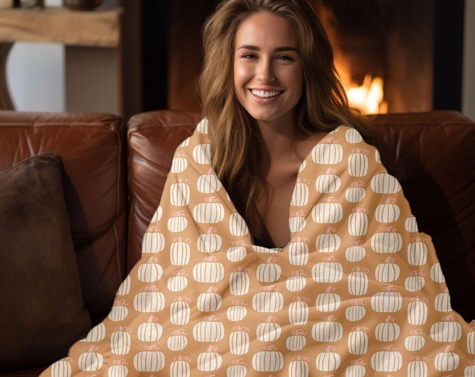 Fall Pumpkin Throw Blanket - Soft Beige Fall Blanket with Pumpkins - Throw Blanket Couch - Autumn Throw Blanket - Halloween Blanket