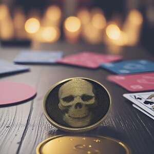 May include: A gold-colored coin with a black skull design in the center. The coin is on a wooden surface with other coins and playing cards in the background.