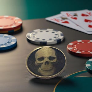 May include: A gold poker chip with a black skull design in the center. The chip is surrounded by other poker chips in various colors, including red, blue, and white. The chips are on a green felt surface.