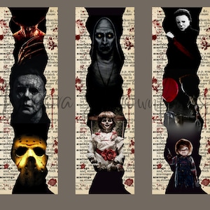 May include: Three bookmarks with a horror movie theme. Each bookmark features a different horror movie character. The first bookmark features Freddy Krueger, Jason Voorhees, and Michael Myers. The second bookmark features the Nun from The Conjuring, Chucky from Child's Play, and Pennywise the Dancing Clown from IT. The third bookmark features Michael Myers, Pennywise the Dancing Clown from IT, and Chucky from Child's Play.