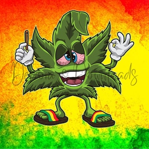 Op de afbeelding: Cartoonillustratie van een groen marihuanablad met een glimlachend gezicht, rode, bloeddoorlopen ogen en een joint in de hand. Het blad draagt ​​sandalen en geeft het vredesteken.