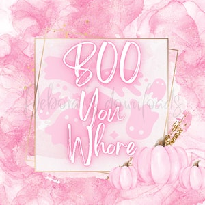 Può includere: Sfondo acquerellato rosa con una cornice dorata attorno a un rettangolo bianco con il testo "BOO YOU WHORE" in bianco. Tre zucche rosa sono nella parte inferiore dell'immagine.
