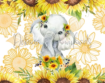 Sunflower Elephant, Summer Flower, 20oz Skinny Tumbler Wrap, Digital PNG File, Instant Download
