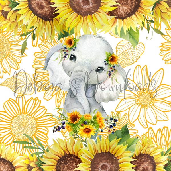 Sunflower Elephant, Summer Flower, 20oz Skinny Tumbler Wrap, Digital PNG File, Instant Download