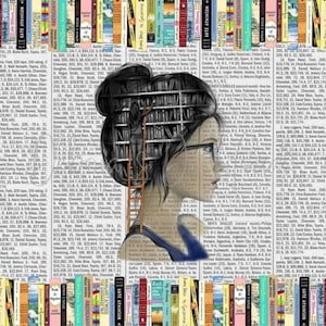 Könnte beinhalten: Eine Schwarzweißillustration einer Frau mit einem Bücherregal als Kopf. Das Bücherregal ist gefüllt mit Büchern und die Frau trägt eine Brille und ein blaues Hemd. Der Hintergrund ist eine Wand mit Büchern mit bunten Rücken.