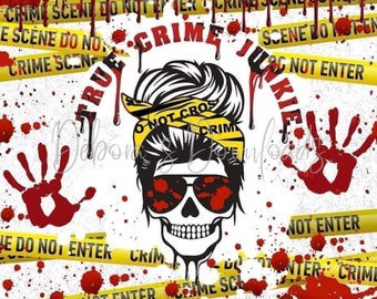 May include: A white background with a yellow and black crime scene tape design. The tape has the words "Crime Scene Do Not Enter" printed on it. There is a skull with a messy bun and sunglasses. The skull is wearing a yellow headband with the words "Do Not Cross" printed on it. The skull is surrounded by red blood splatters.
