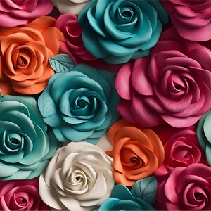 May include: A close-up of a variety of colourful paper flowers. The flowers are arranged in a circular pattern and are made of different shades of pink, blue, orange, and white.